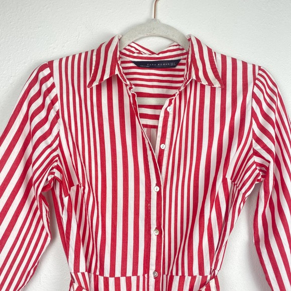 Zara Woman Red and White Stripe A-Line Shirt Dress Maxi Tie Waist Womens S - Picture 9 of 13